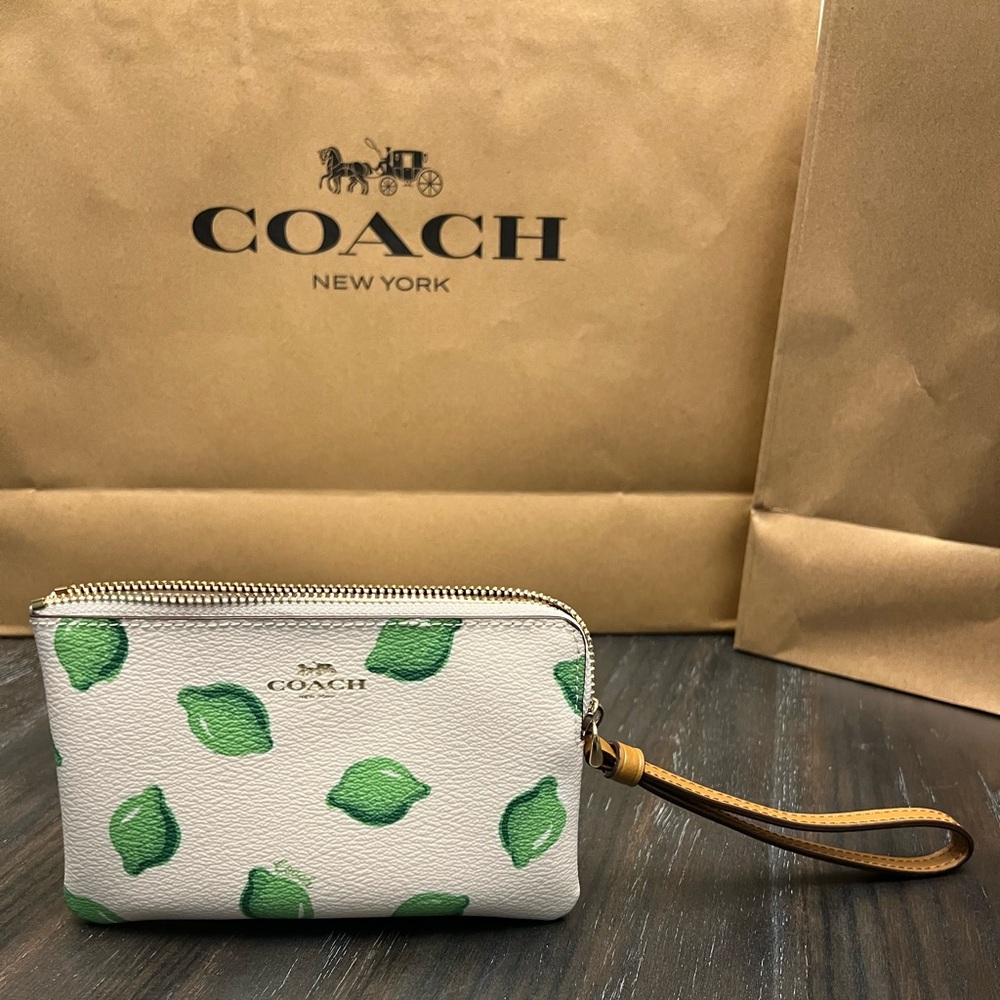 Coach Corner Zip Wristlet Lime Print